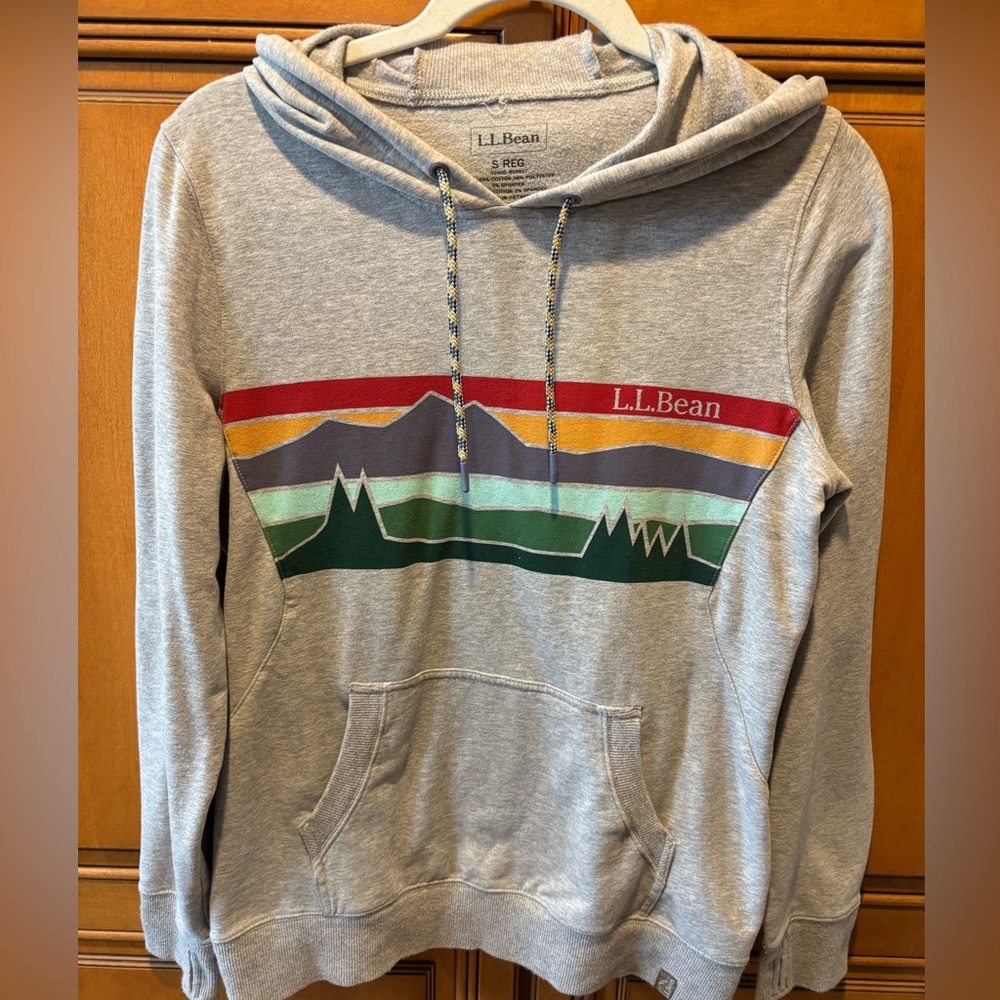 L.L. Bean Gray Hoodie with Multicolor Mountain Design. Size: S